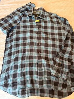 Robert Talbott Blue and Teal Plaid Linen Button-Down Shirt